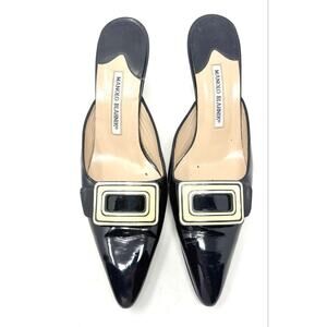 Manolo Blahnik Maysale Patent Leather Black Kitten Heel Mules Vintage Y2K 41.5